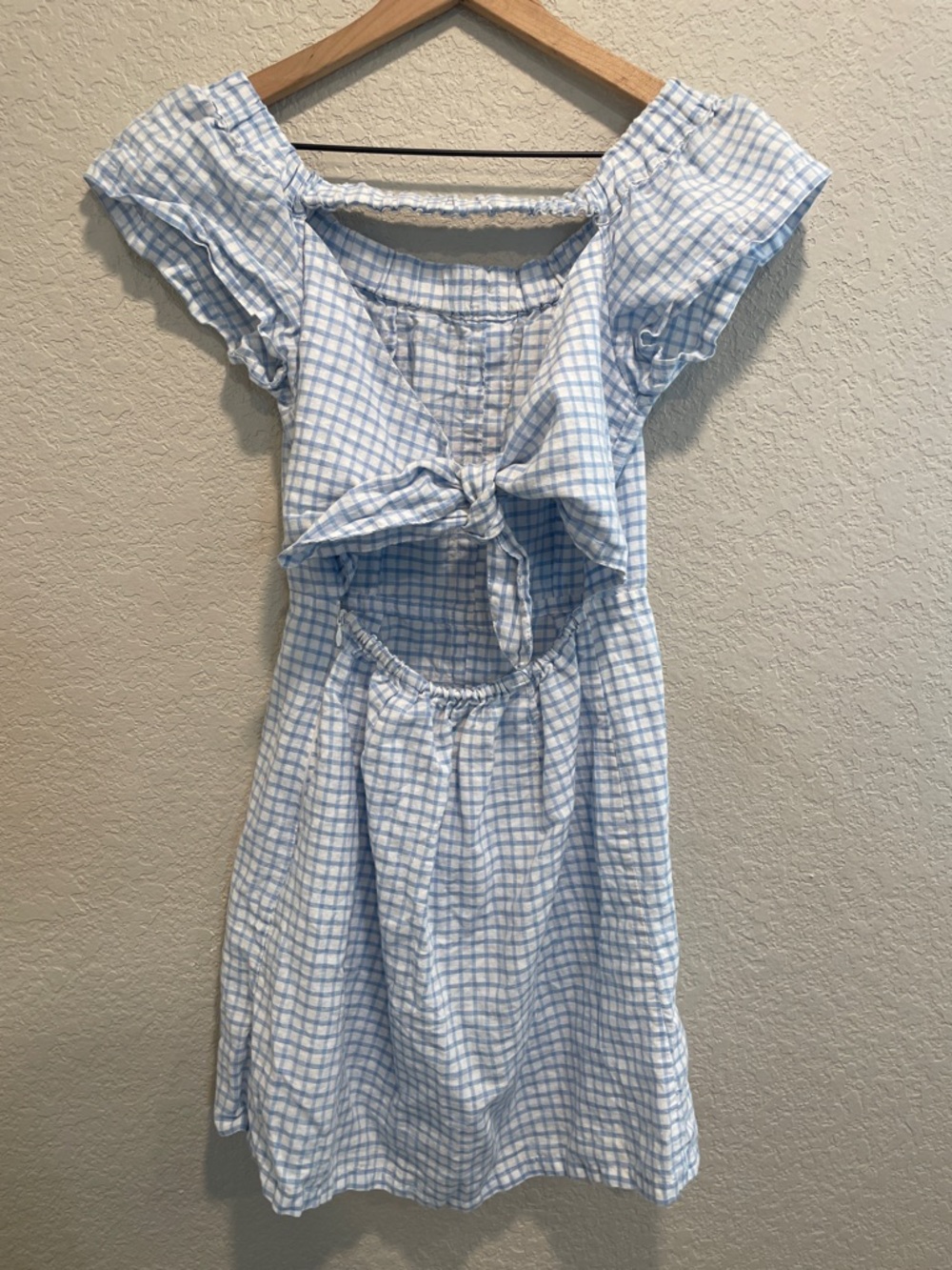 Cleobella Lou Lou Off the Shoulder Pastel Blue Gingham Mini Dress XS - Picture 6 of 8